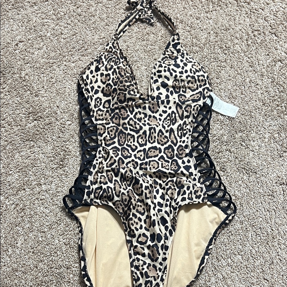 Kenneth Cole Black and Tan Animal Print Swimsuit